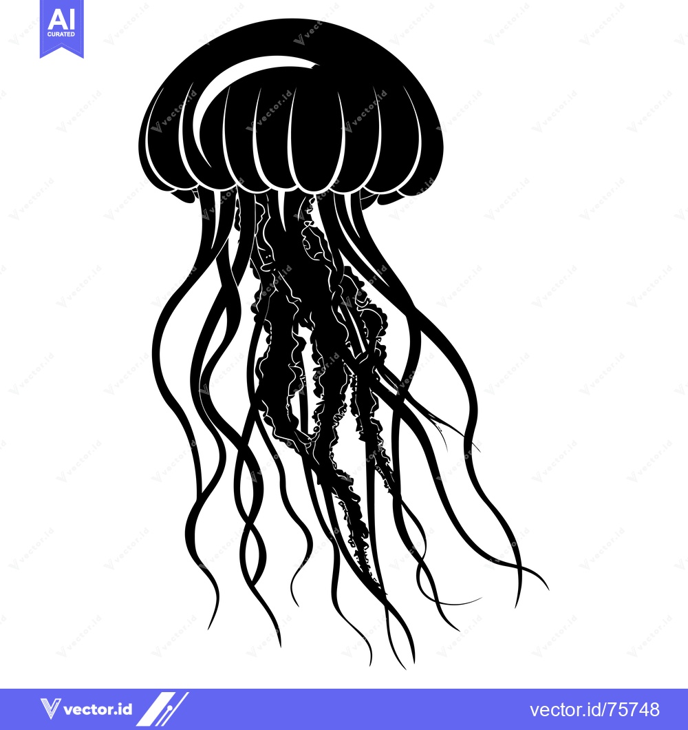 Premium Vector of Black and White Silhouette of a Jellyfish with Long Tentacles