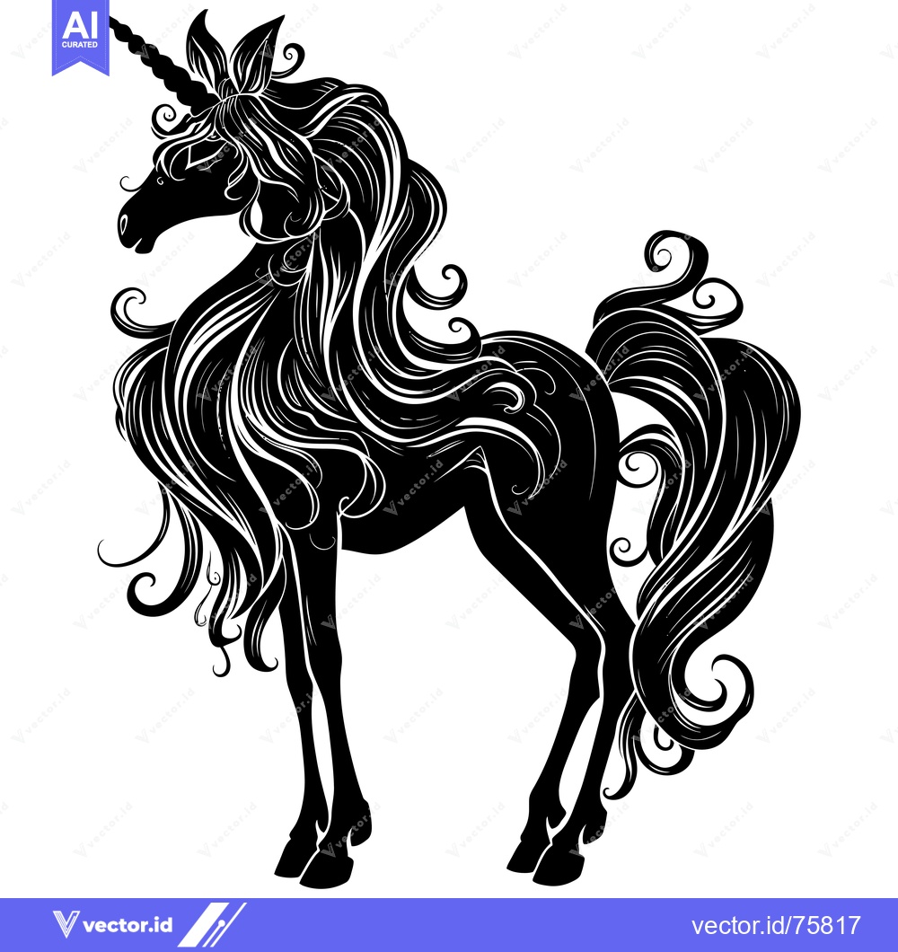 Premium Vector dari Black and White Silhouette of a Unicorn with Curly Mane and Tail