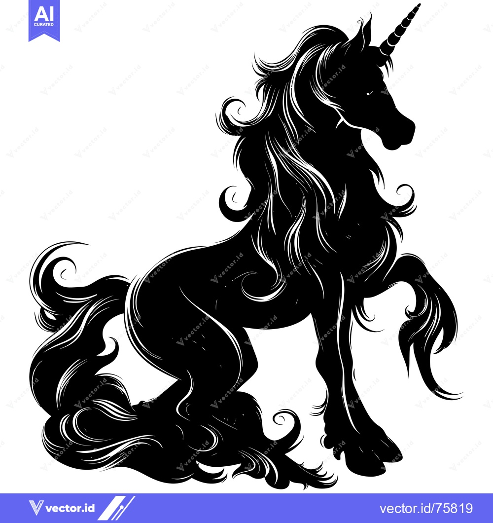Premium Vector of Black and White Silhouette of a Unicorn with a Curled Tail and Mane