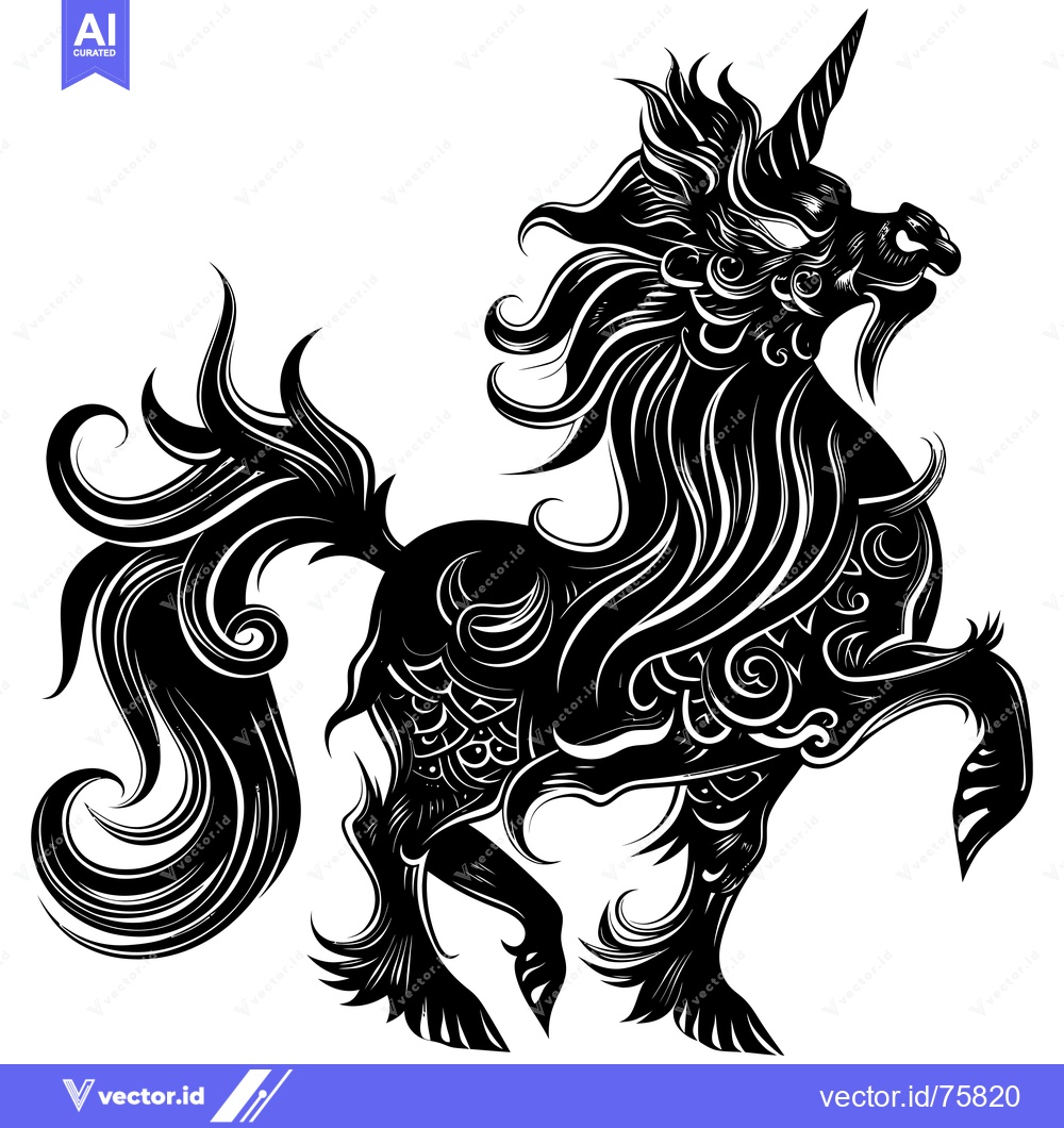 Premium Vector dari A Black and White Stylized Unicorn with a Detailed Mane