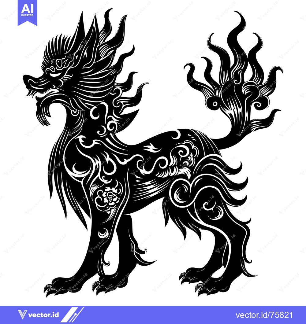 Premium Vector of Black and White Illustration of a Chinese Mythical Lion with Intricate