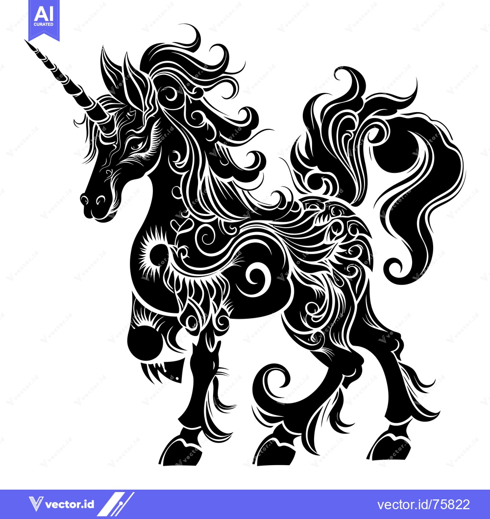 Premium Vector dari Ornate Black and White Silhouette of a Unicorn