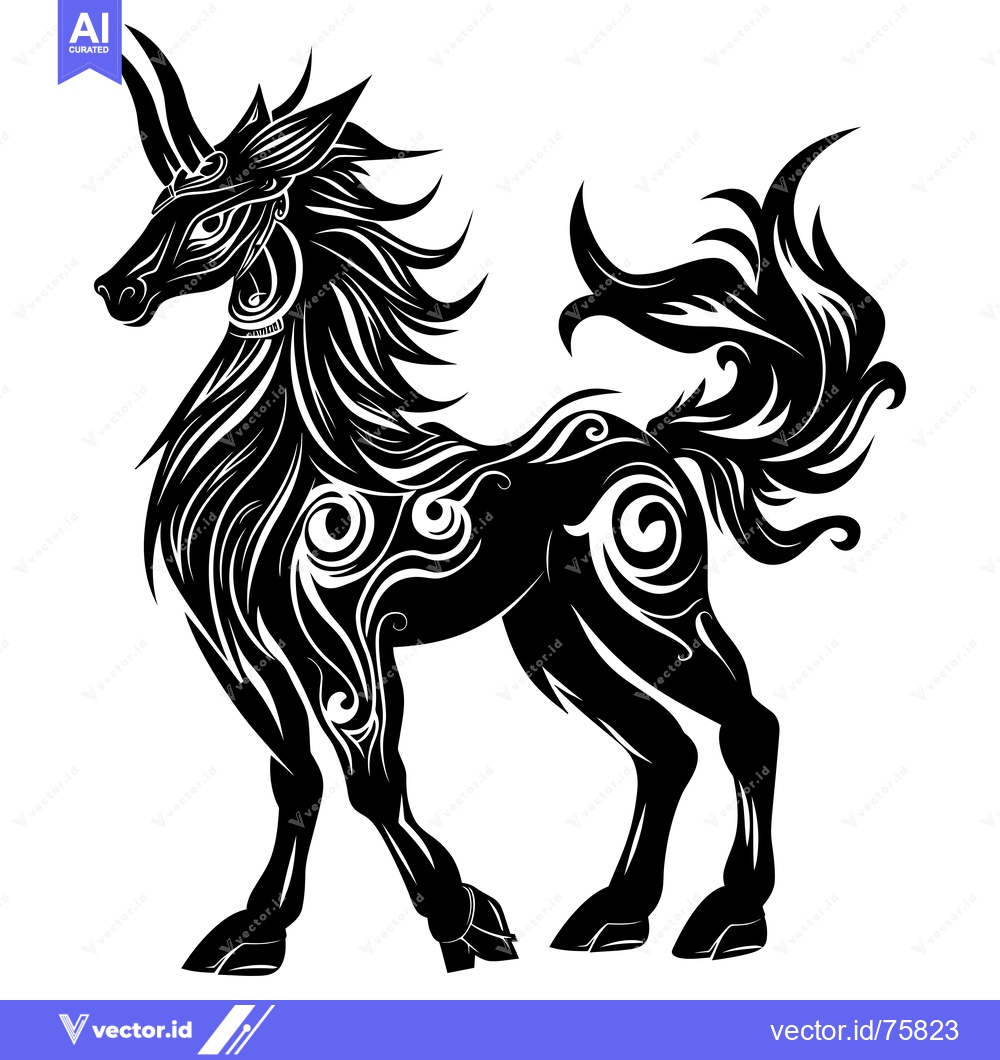Premium Vector dari Ornate Black and White Silhouette of a Unicorn with Swirls