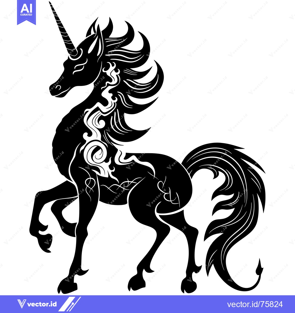 Premium Vector of Black and White Silhouette of a Unicorn with Ornate Detailing