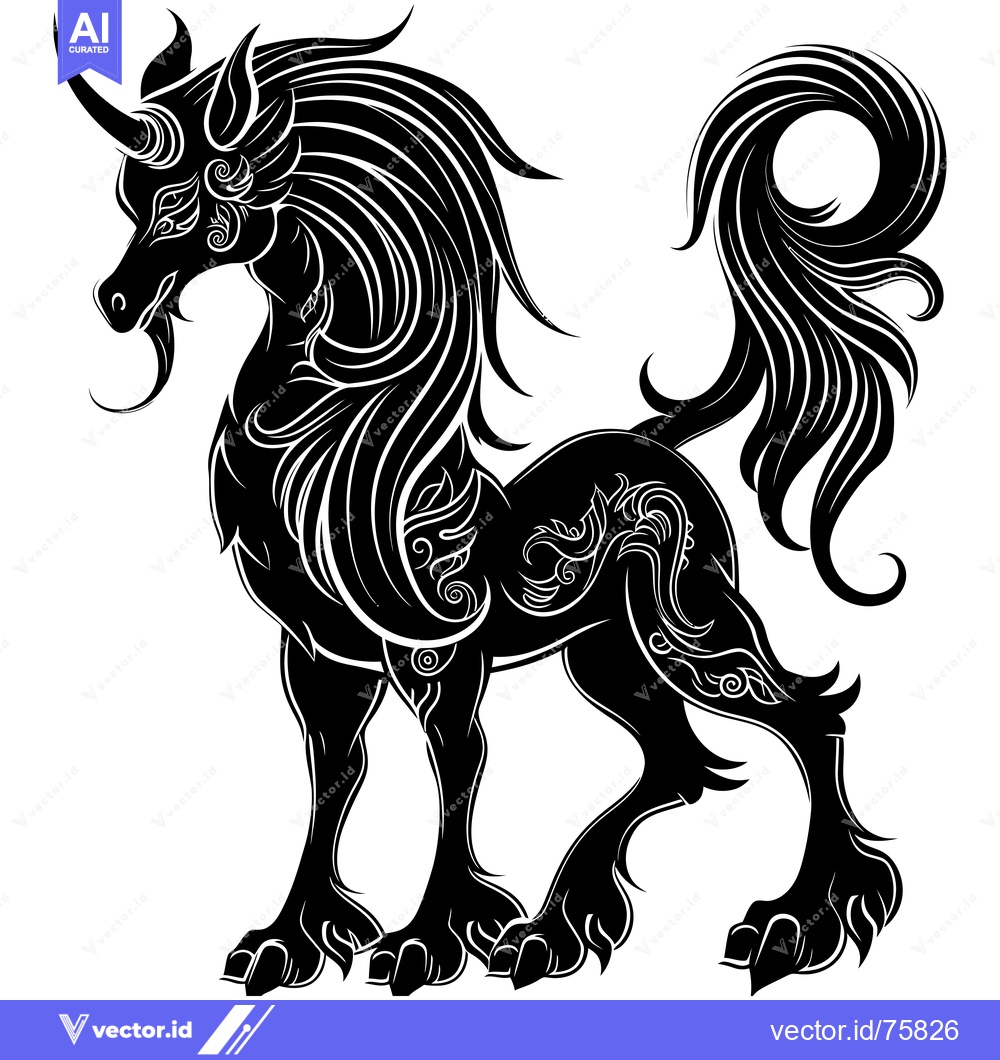 Premium Vector dari A stylized black and white illustration of a mythical unicorn with flo