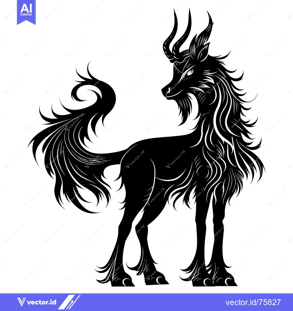 Premium Vector of Black and White Silhouette of a Mythical Creature with Horns and a Lon
