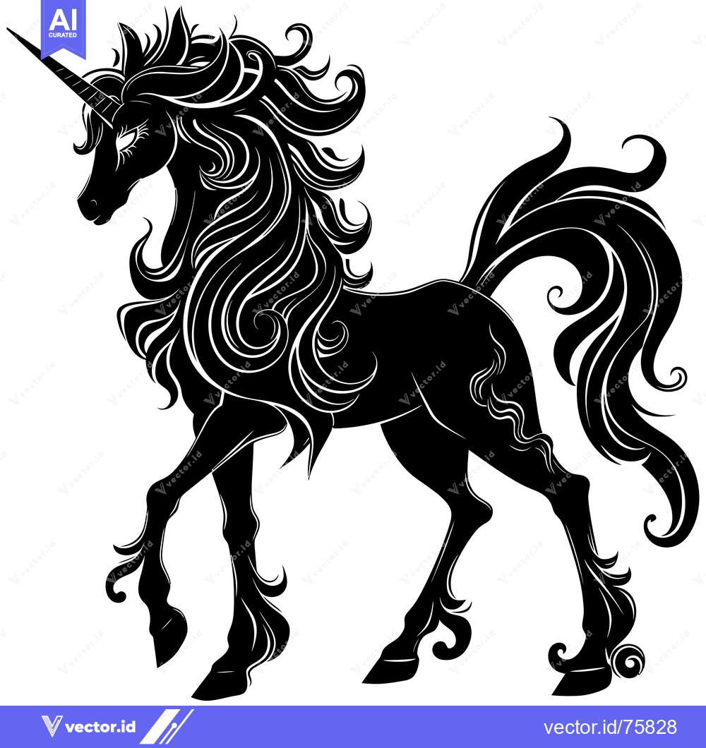 Premium Vector dari Black and White Silhouette of a Unicorn with Curly Mane and Tail
