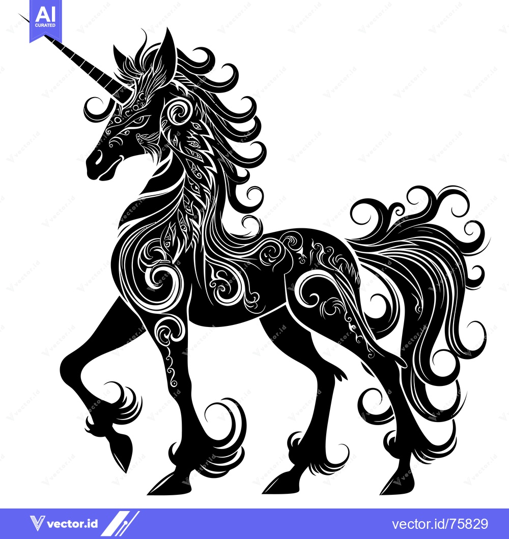 Premium Vector dari Ornate Black and White Silhouette of a Unicorn
