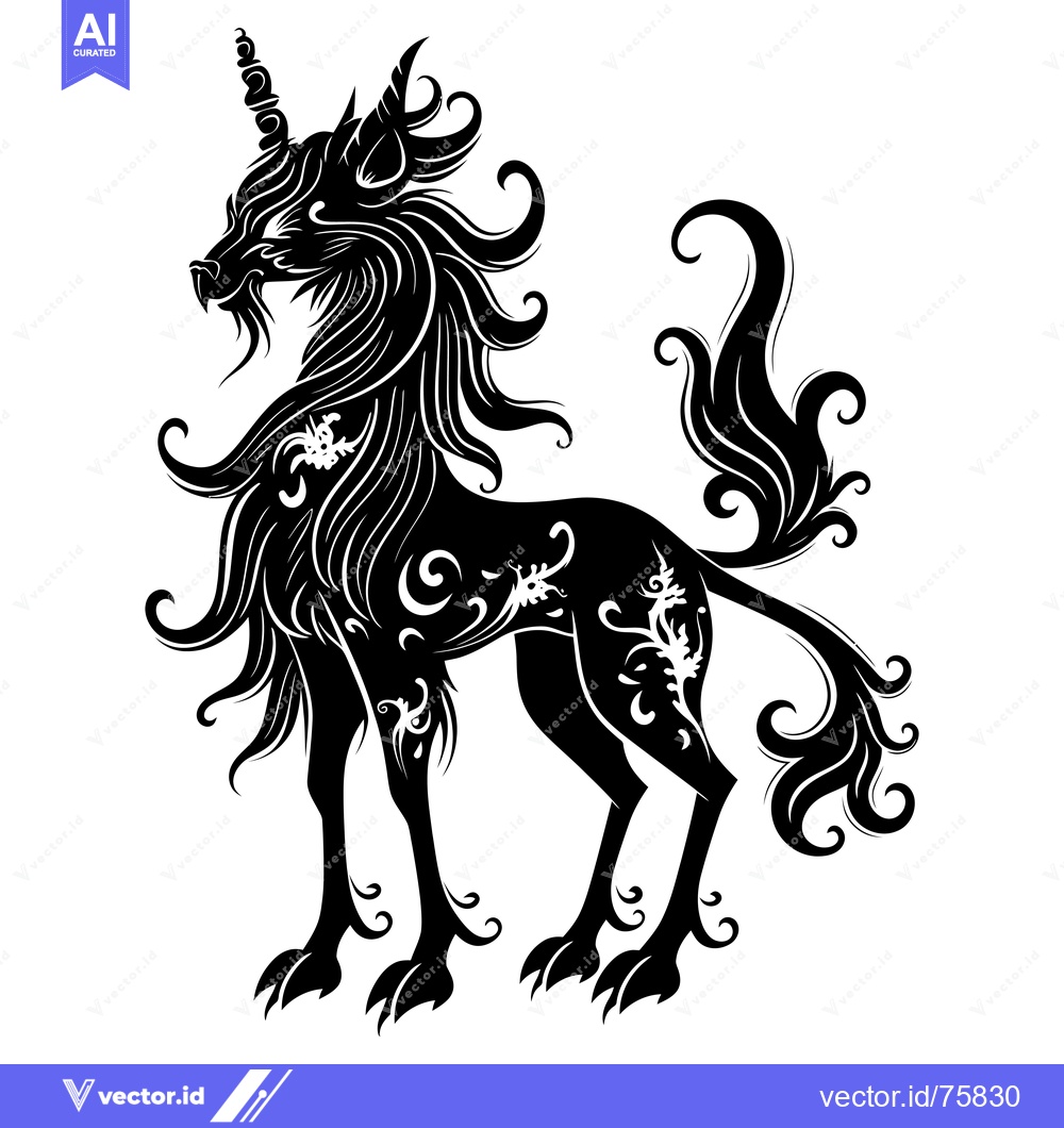 Premium Vector of Ornate Black and White Silhouette of a Mythical Unicorn