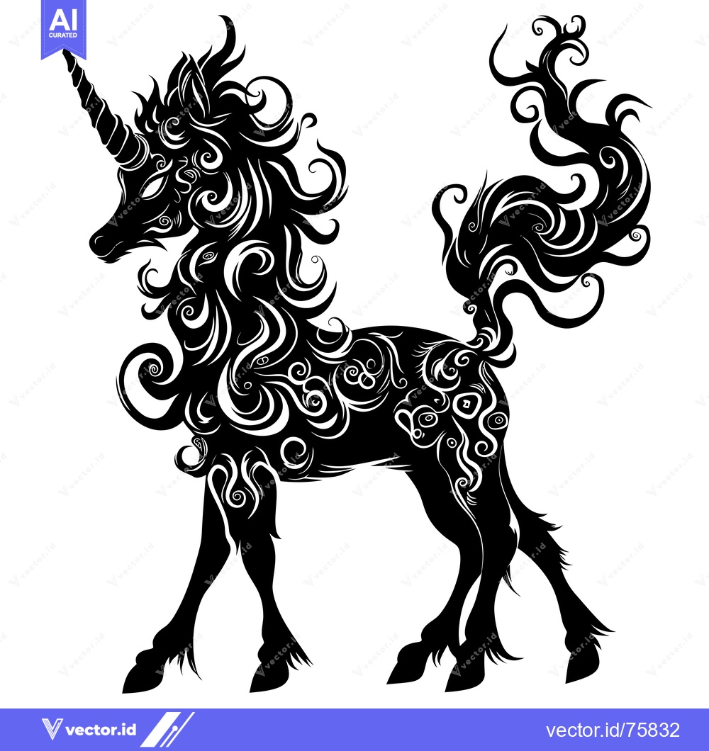Premium Vector dari Ornate Silhouette of a Unicorn with Spirals and Curls