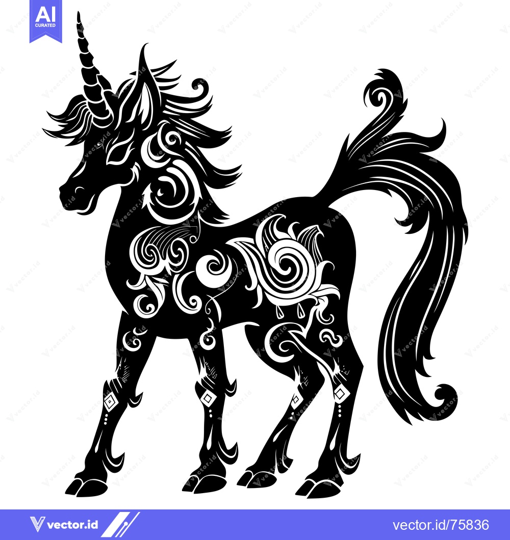 Premium Vector dari Ornate Black and White Silhouette of a Unicorn