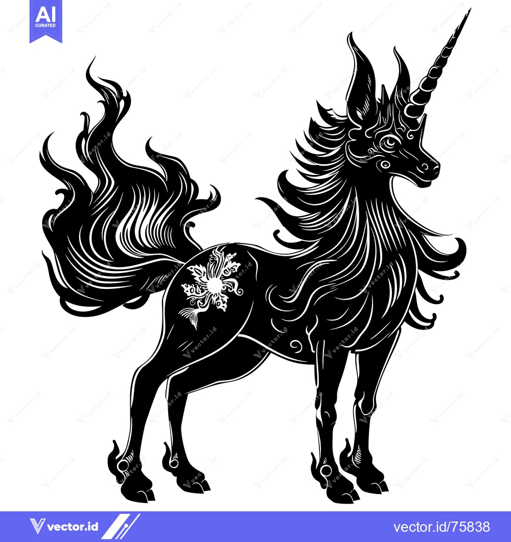 Premium Vector of Black and White Silhouette of a Mythical Unicorn with a Detailed Flora