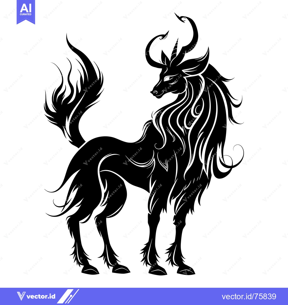 Premium Vector of Black and White Silhouette of a Mythical Creature with Swirling Horns