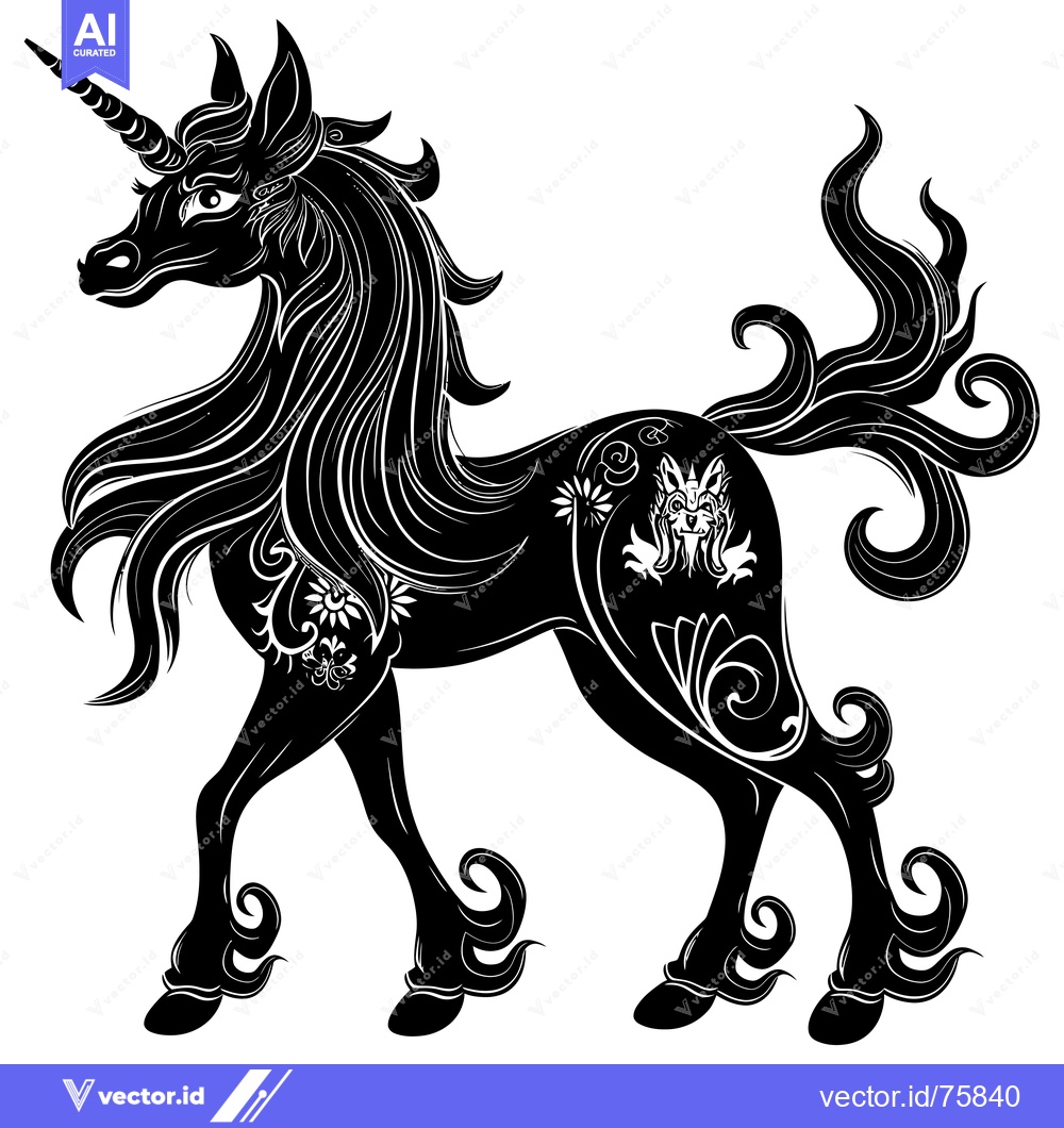 Premium Vector dari Black and White Stylized Unicorn with Floral Designs