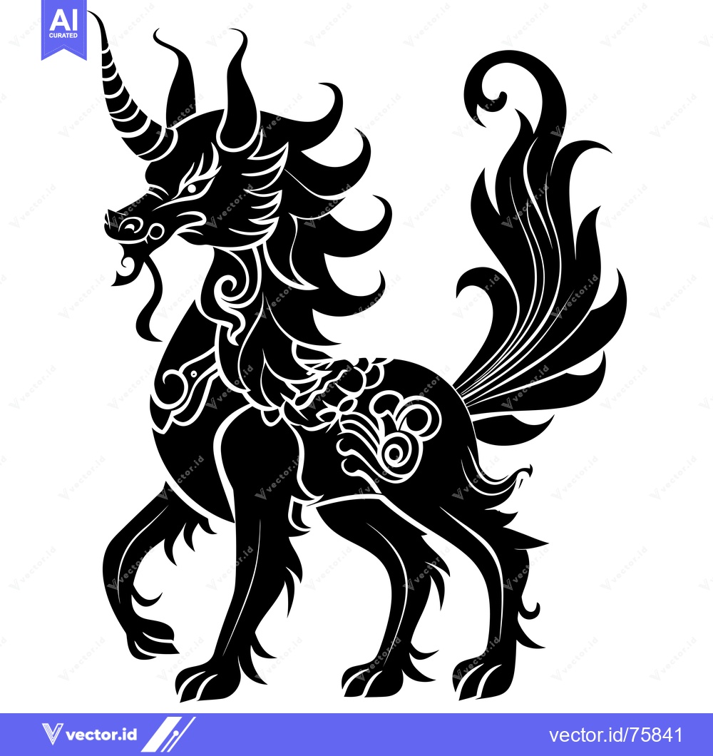 Premium Vector of Ornate Black and White Silhouette of a Mythical Creature with a Horn a