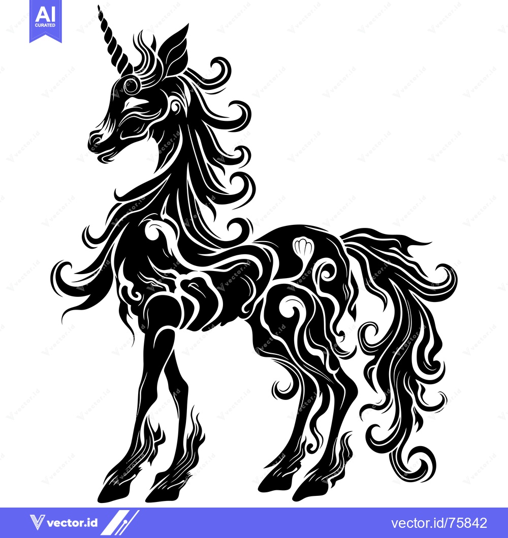 Premium Vector dari Ornate Black and White Unicorn Silhouette with Curly Mane and Tail