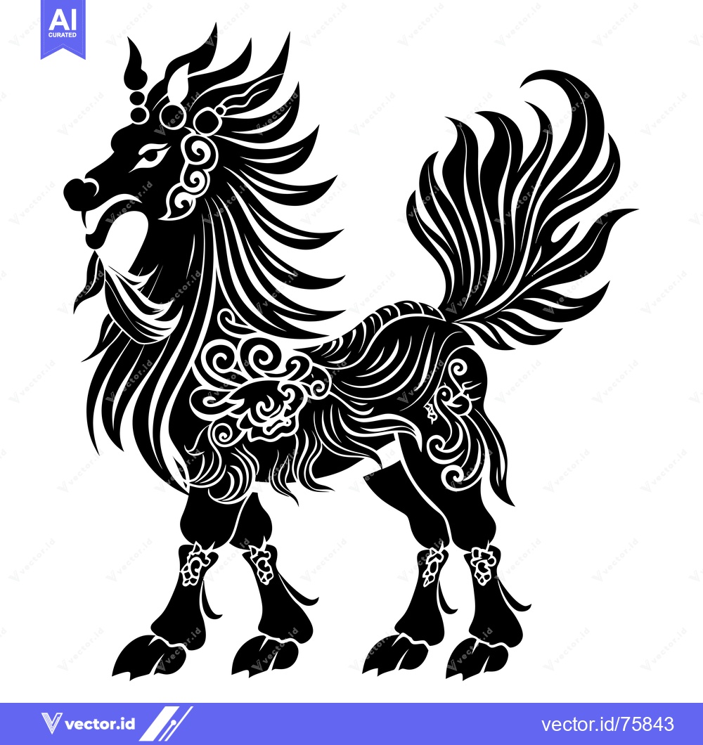 Premium Vector of Black and White Illustration of a Mythical Lion-like Creature with Orn