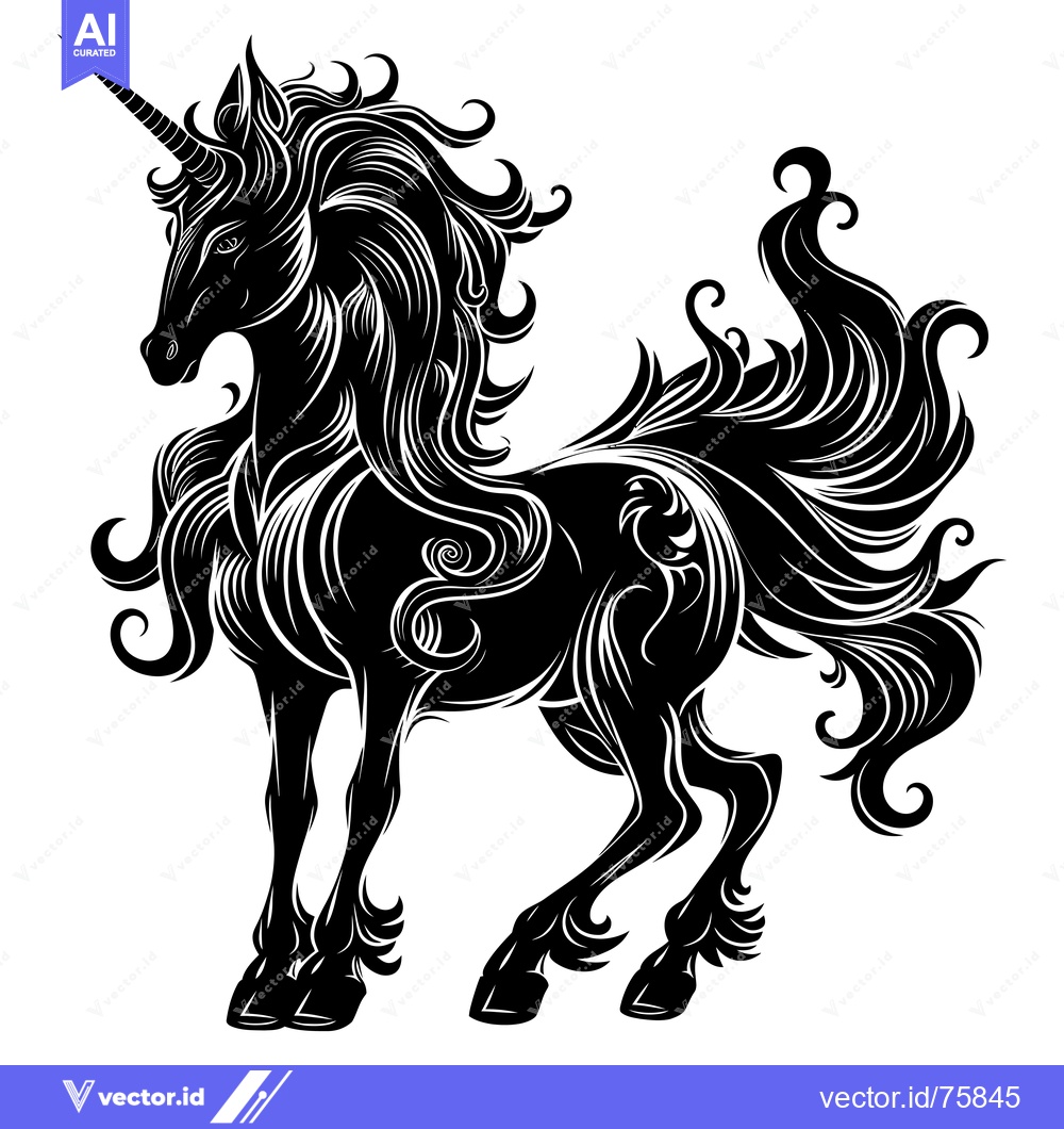 Premium Vector of Ornate Black and White Silhouette of a Unicorn