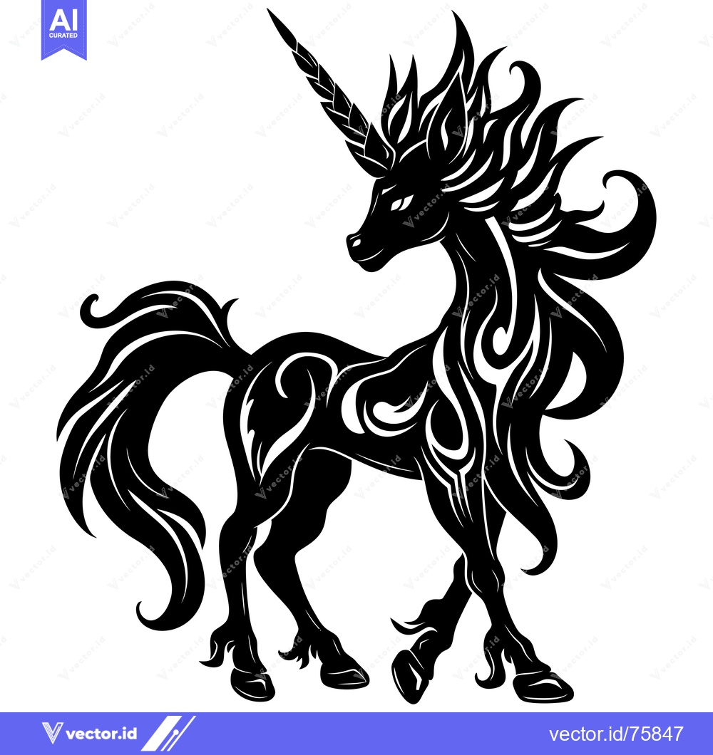 Premium Vector dari Stylized Silhouette of a Unicorn with a Long Horn and Flowing Mane