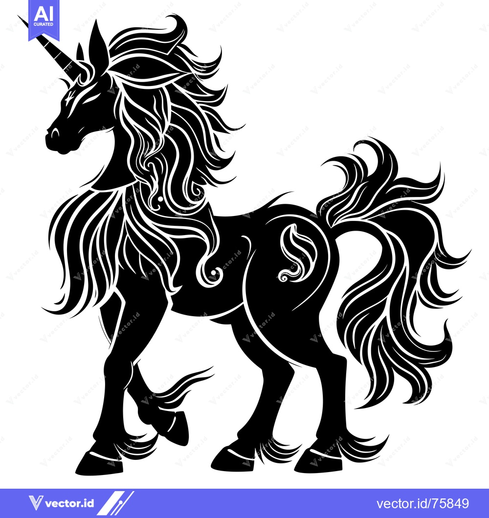 Premium Vector dari A stylized black silhouette of a unicorn with a flowing mane and tail