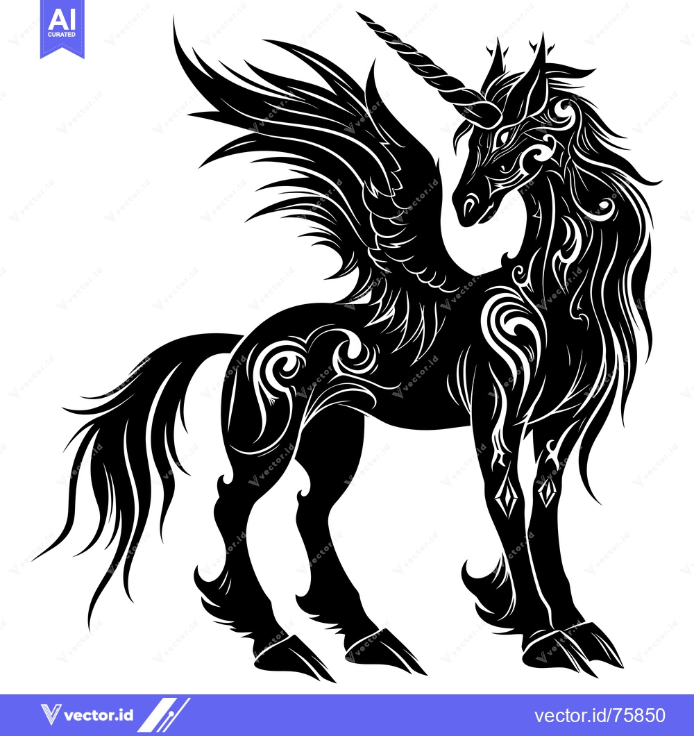 Premium Vector dari Ornate Black and White Winged Unicorn Silhouette