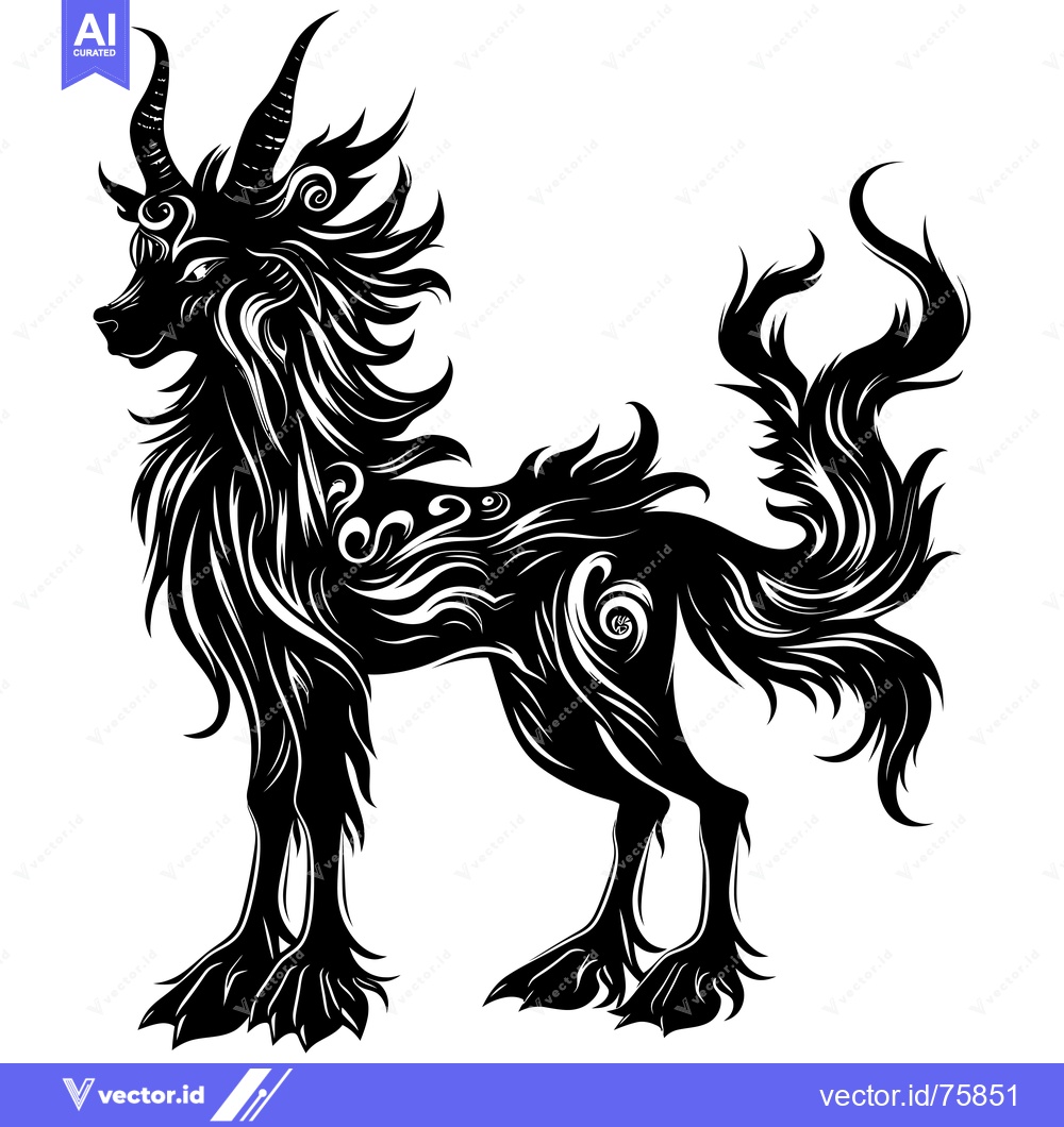 Premium Vector dari Black and White Stylized Illustration of a Wolf-Like Creature with Hor