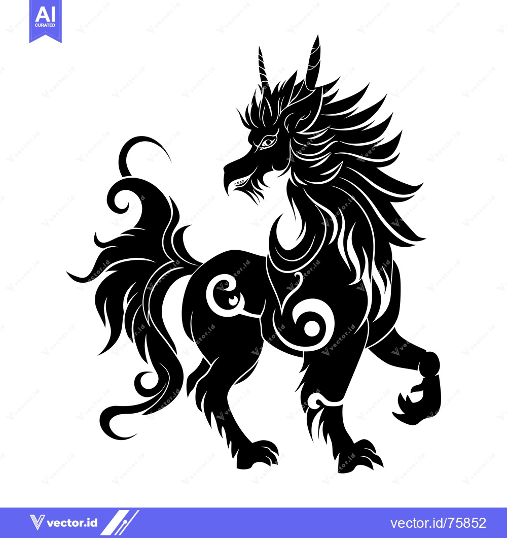 Premium Vector of Black and White Stylized Illustration of a Mythical Creature with Horn