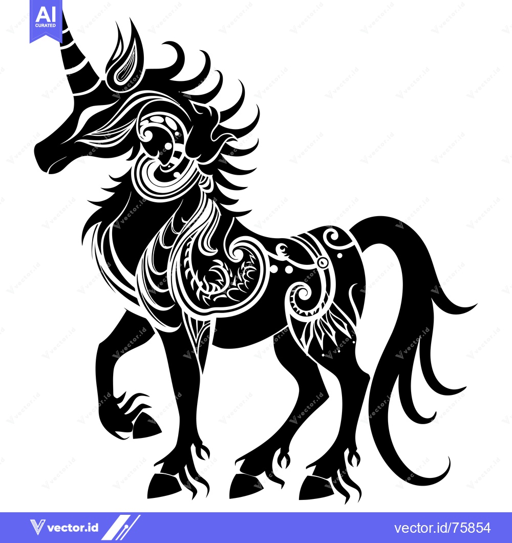 Premium Vector of Ornate Black and White Silhouette of a Unicorn