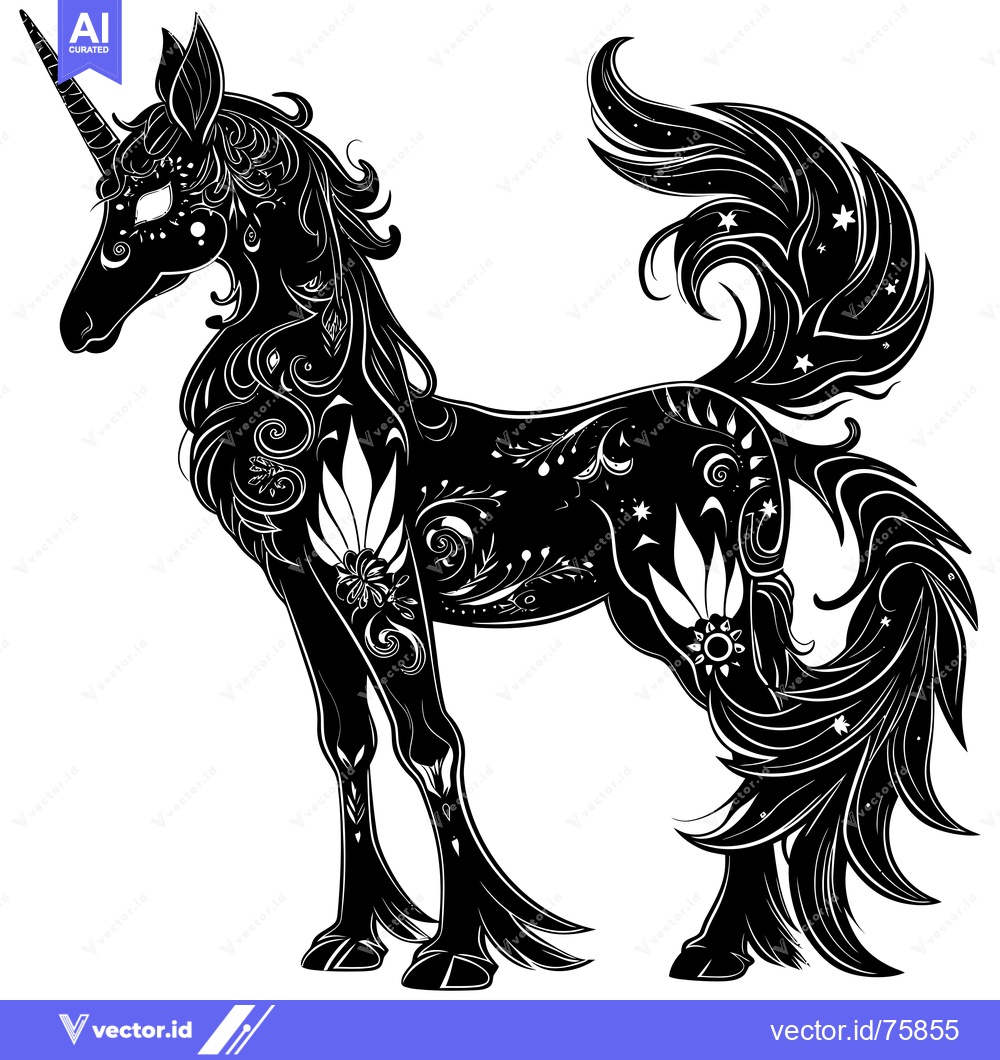 Premium Vector dari A Black and White Ornate Silhouette of a Unicorn