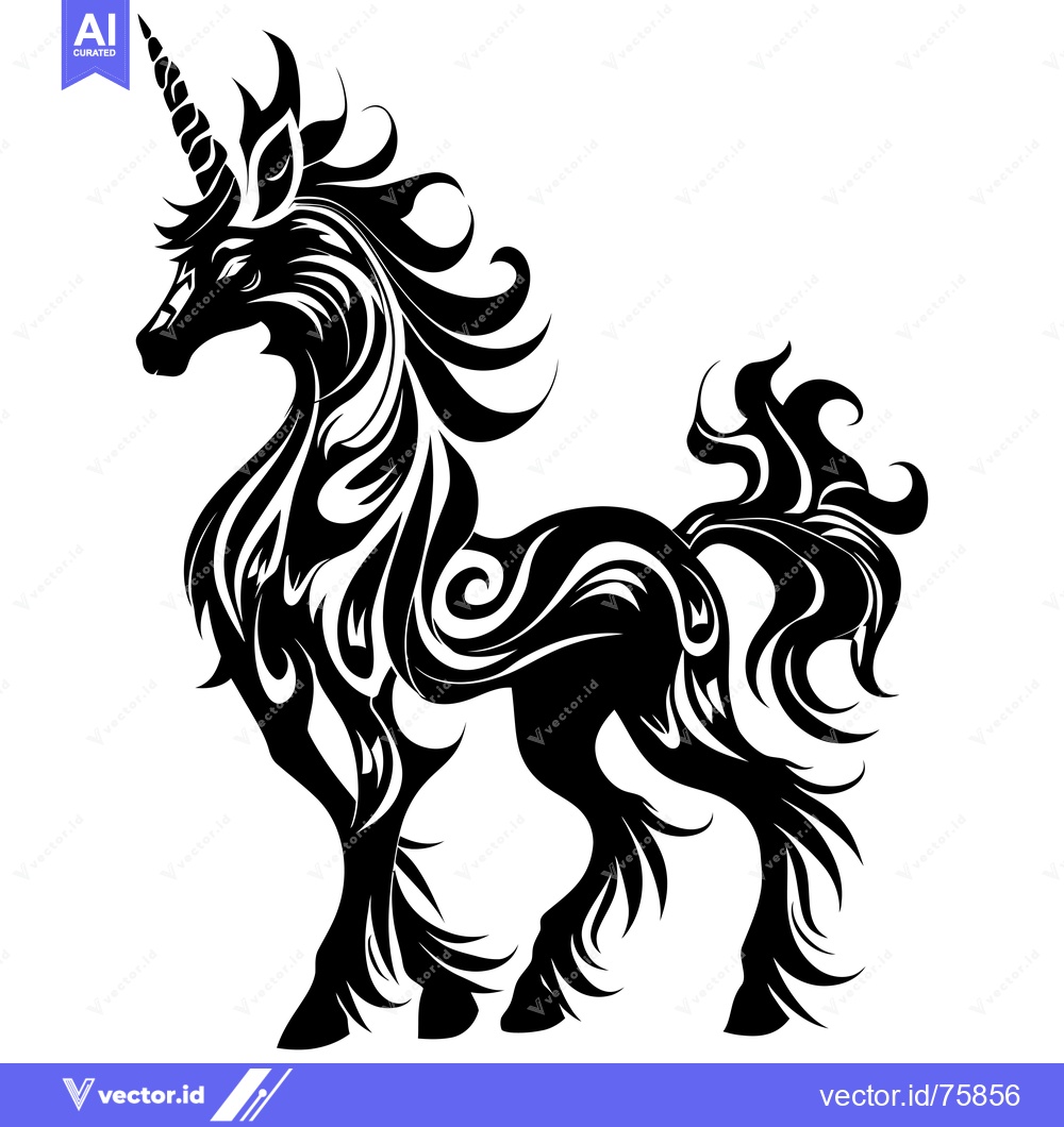 Premium Vector of A Stylized Black and White Unicorn with a Swirled Horn and Detailed Ma