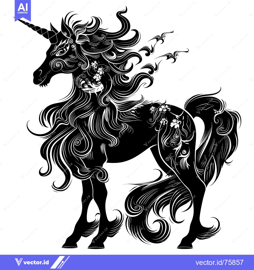 Premium Vector dari Ornamental Silhouette of a Majestic Unicorn with Flowing Mane and Tail
