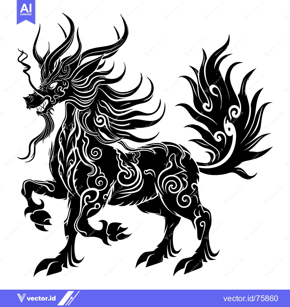 Premium Vector of Black and White Stylized Dragon-like Creature with Ornate Detail