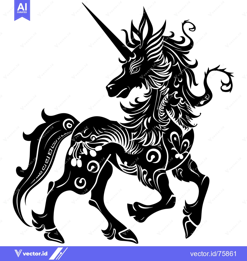 Premium Vector of A stylized black and white silhouette of a unicorn with a long horn an