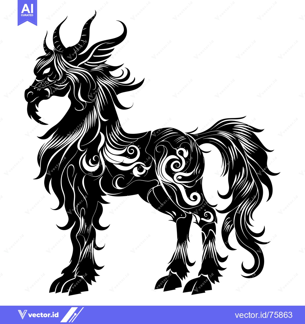 Premium Vector of Ornate Black and White Silhouette of a Mythical Horse-Like Creature