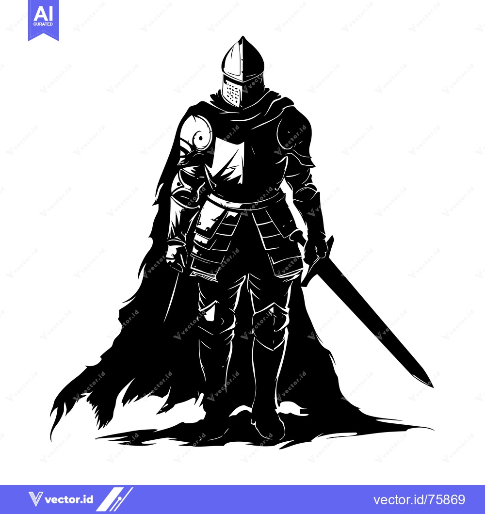 Premium Vector dari A Silhouetted Medieval Knight in Full Armor Holding a Sword