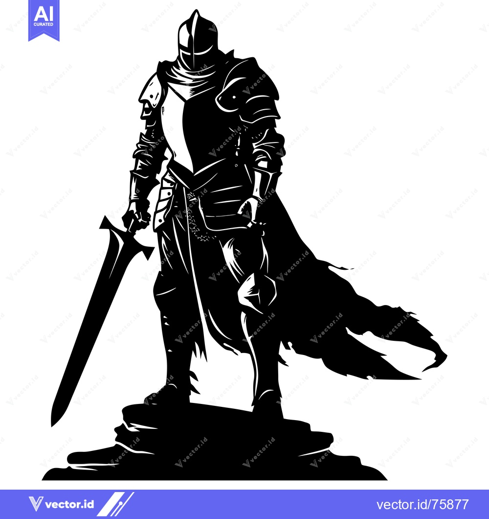 Premium Vector dari A Silhouetted Knight Standing on a Rock, Holding a Sword