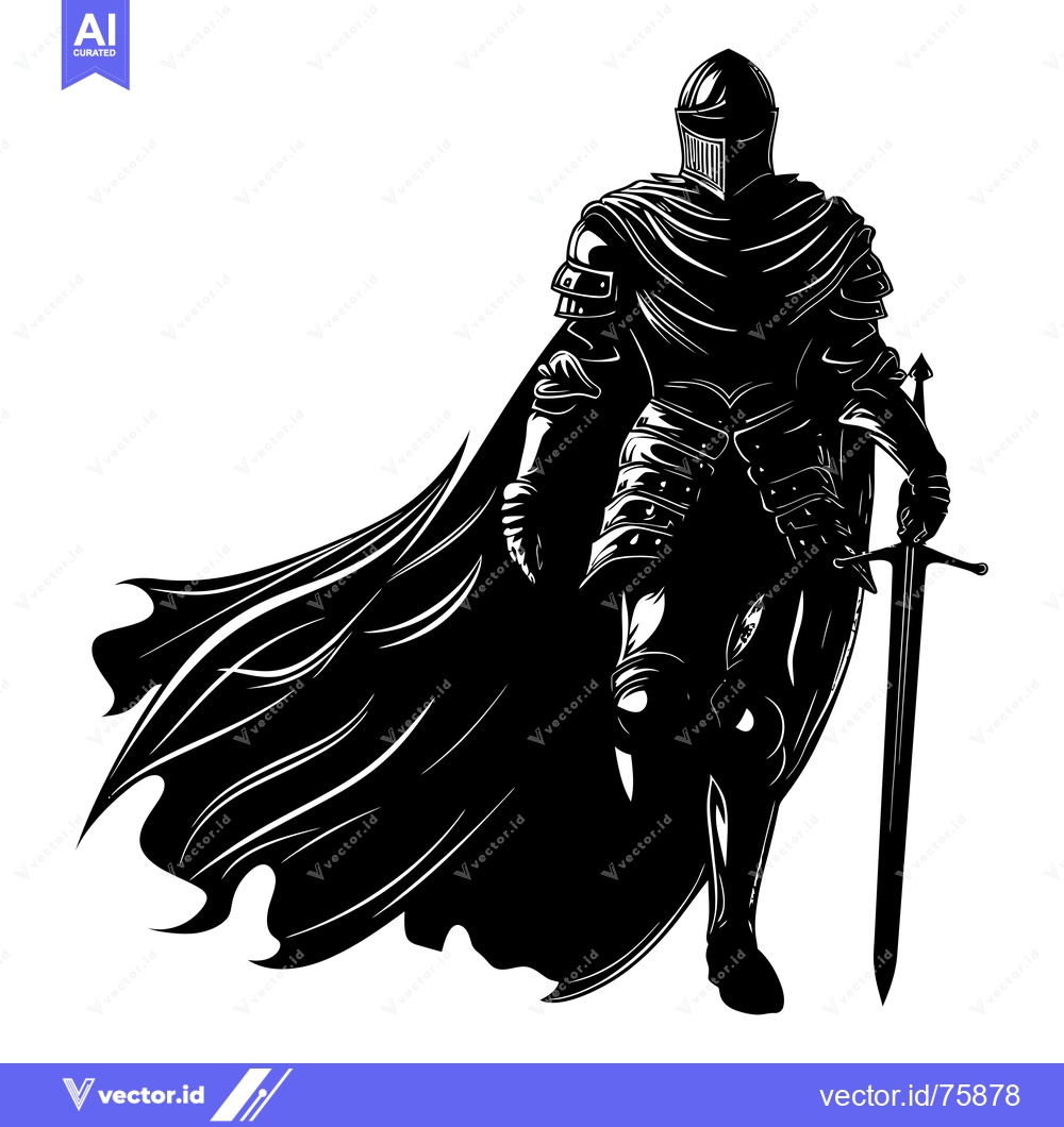 Premium Vector dari Silhouette of a Medieval Knight in Full Armor with a Sword and a Cape