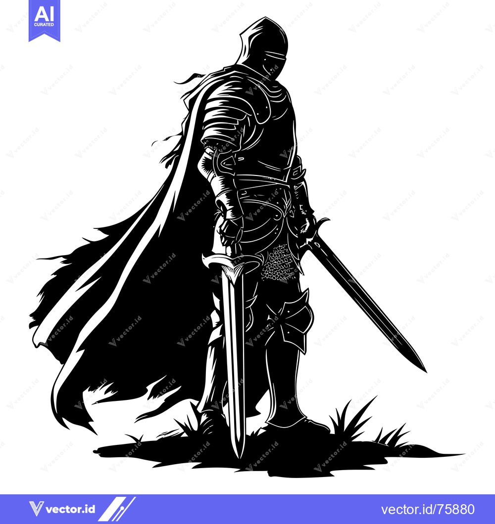 Premium Vector dari A Black and White Silhouette of a Knight with a Sword