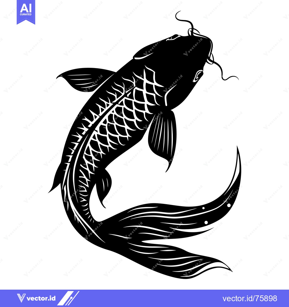 Premium Vector dari Black and White Silhouette of a Koi Fish with Detailed Scales and Fins