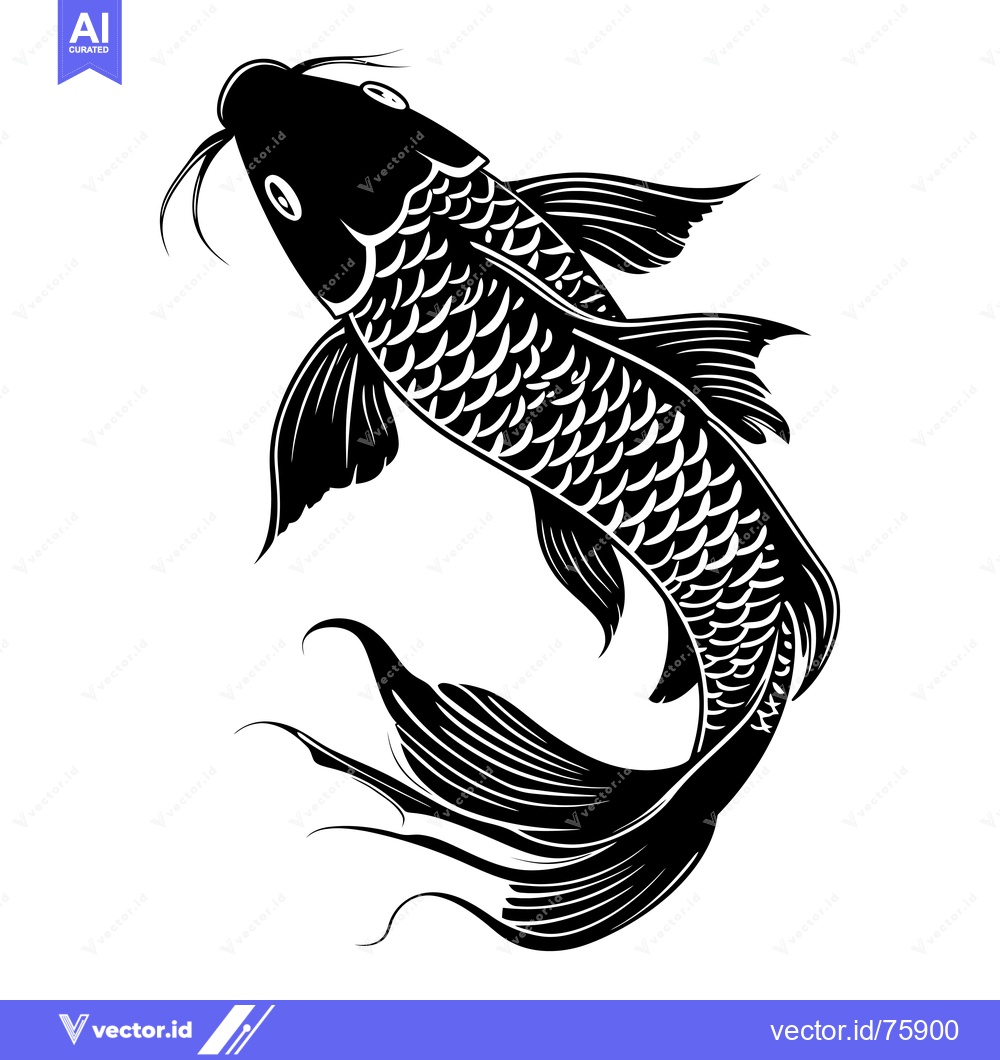 Premium Vector of Black and white silhouette of a swimming koi fish