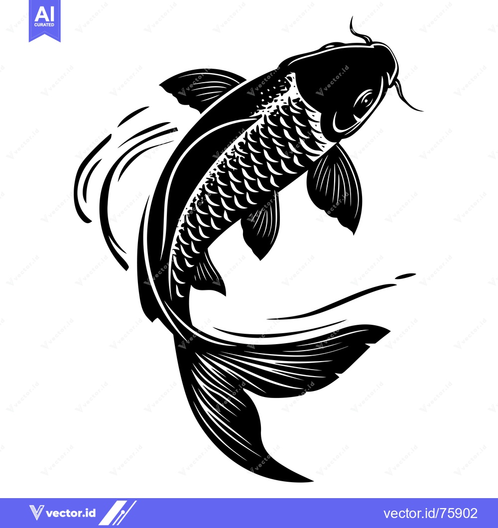 Premium Vector of Black and White Illustration of a Koi Fish Swimming Upwards