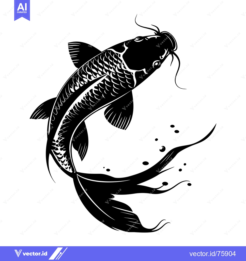 Premium Vector dari Black and White Illustration of a Single Koi Fish Swimming Upwards