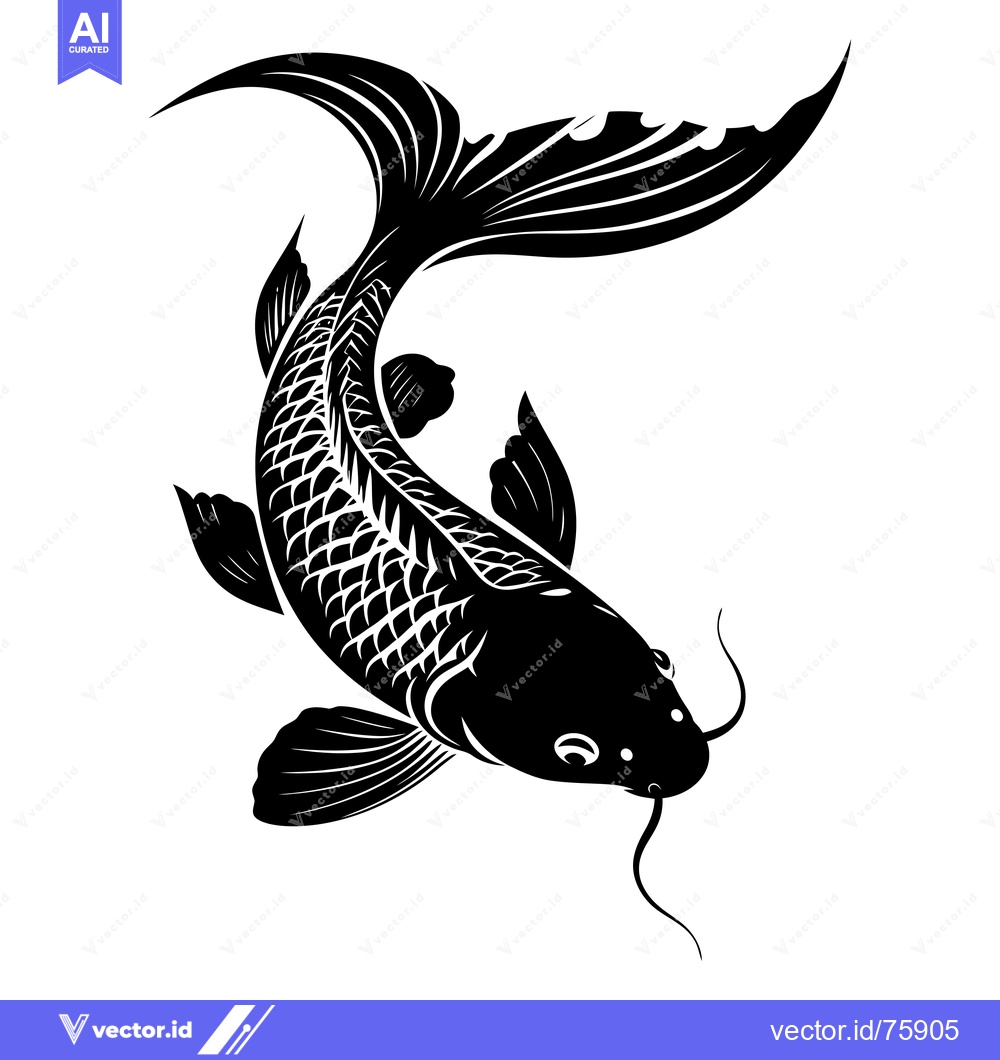 Premium Vector of Black and White Silhouetted Koi Fish with Detailed Fins and Scales