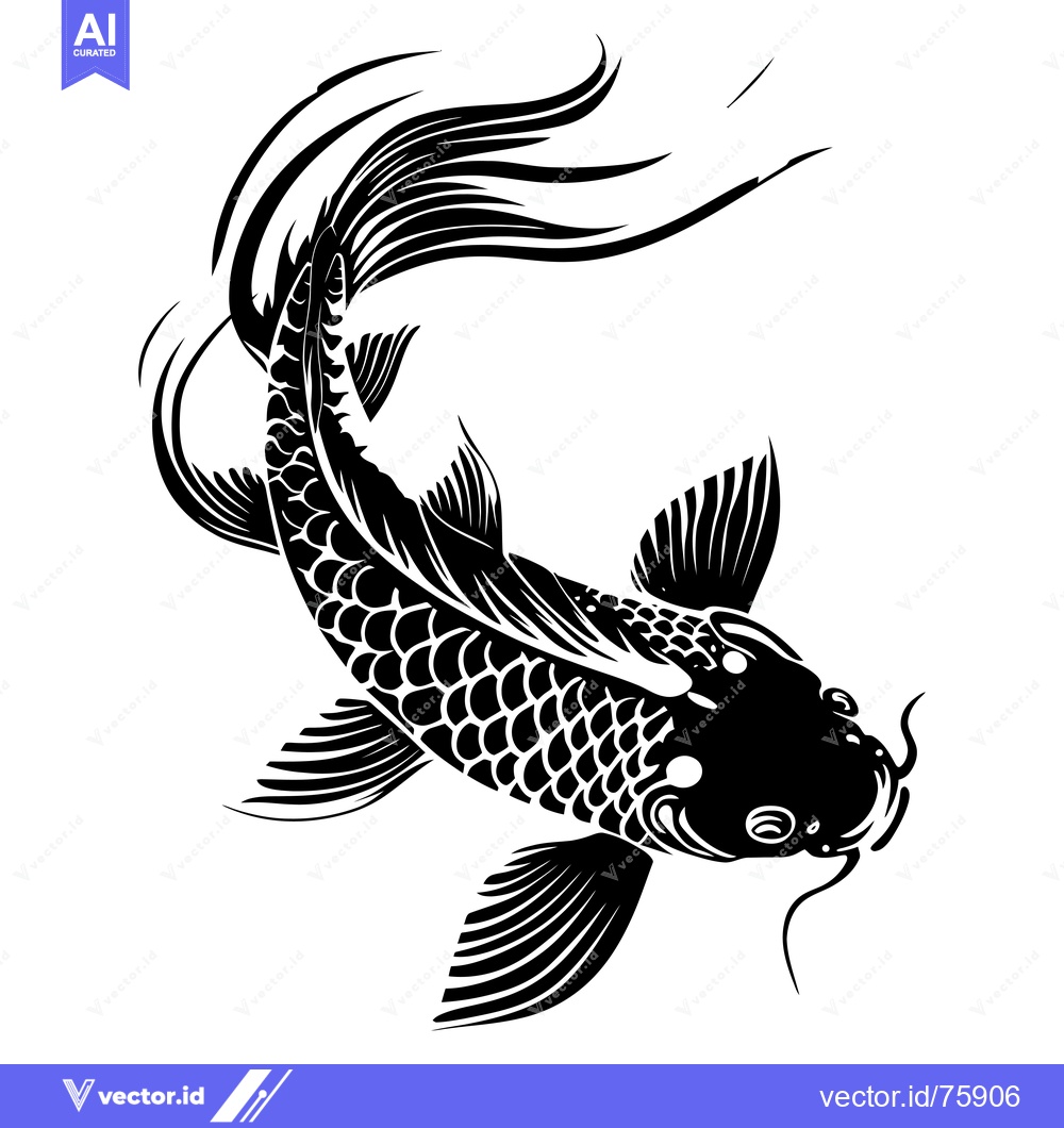 Premium Vector dari Black and White Illustration of a Koi Fish with Elaborate Fins and Sca