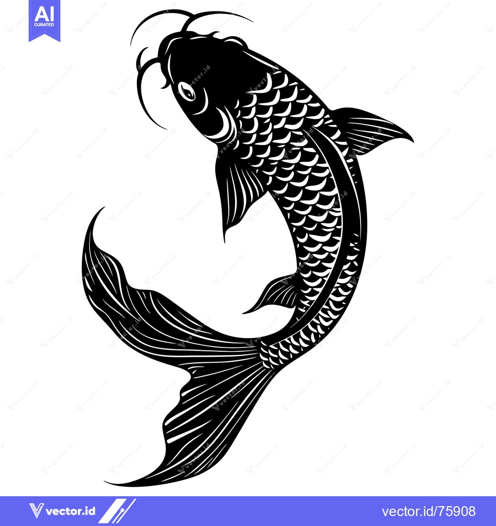 Premium Vector dari Black and white silhouette of a stylized swimming koi fish