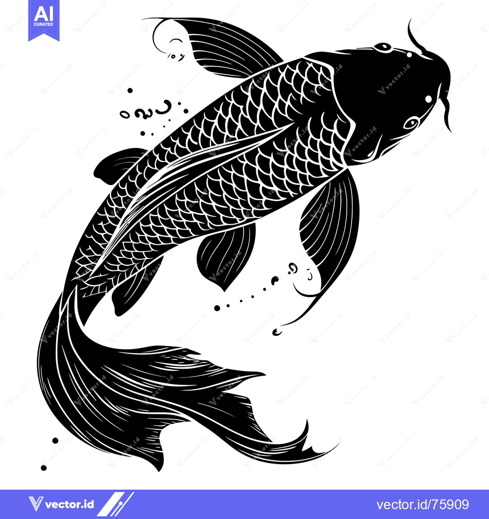 Premium Vector dari Black and White Illustration of a Koi Fish with Detailed Scales and Fi