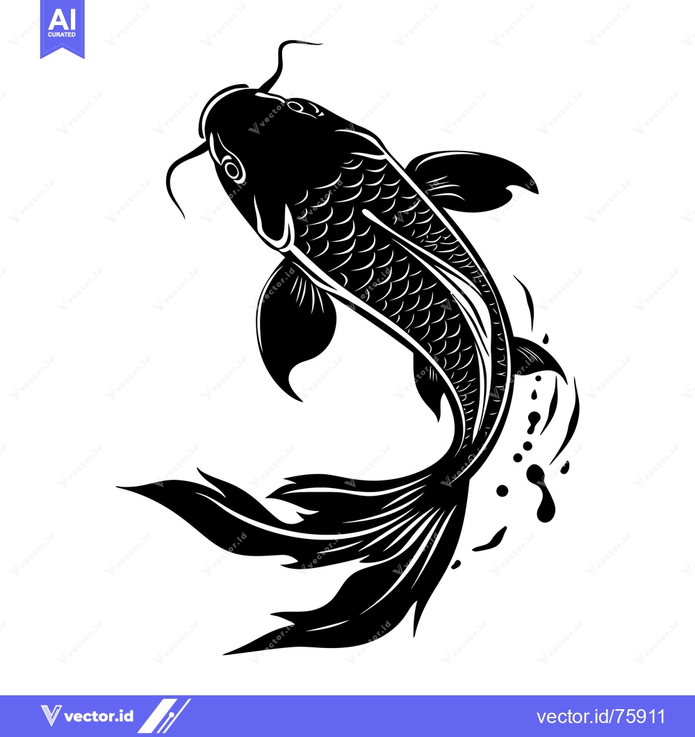 Premium Vector dari Black and White Illustration of a Leaping Koi Fish
