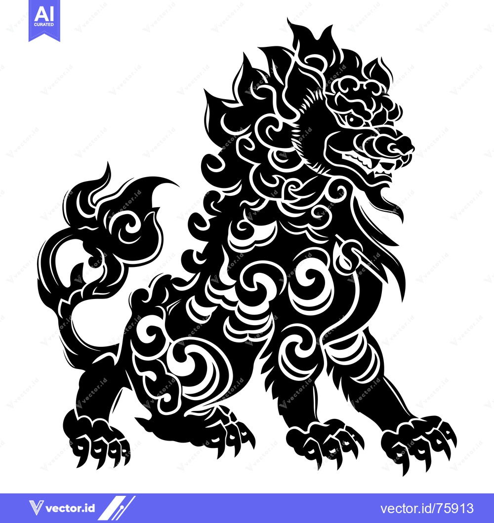 Premium Vector dari Black and White Illustration of a Guardian Lion with Intricate Floral