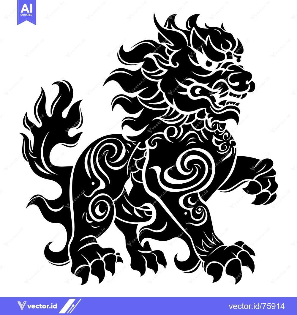 Premium Vector of Ornate Black and White Silhouette of a Chinese Guardian Lion