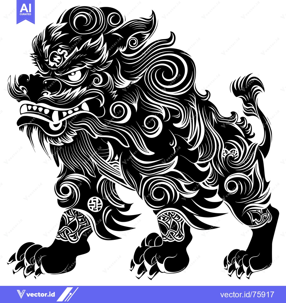 Premium Vector of Black and White Stylized Illustration of a Chinese Guardian Lion